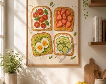 Art mural toast à imprimer, décoration de cuisine en téléchargement numérique, impression d'affiche de nourriture, fichiers JPEG A4 A3, mignon art mural cuisine, déco de café