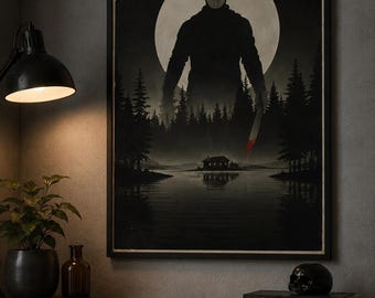 Póster de película de terror vintage, arte mural de bosque oscuro, decoración con estética slasher, obra de arte gótica imprimible, descarga instantánea JPG