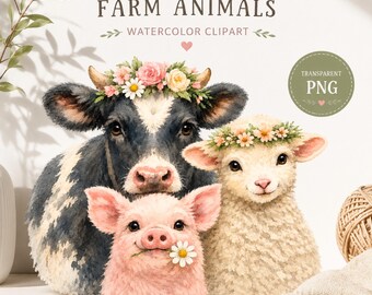 Aquarelle animaux de la ferme des cliparts | Vache, Cochon, Mouton PNG (Téléchargement numérique)