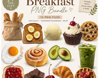 Petit déjeuner PNG | 14 cliparts d'aliments | Matcha, croissants, gaufres et desserts PNG | Fond transparent | Utilisation commerciale