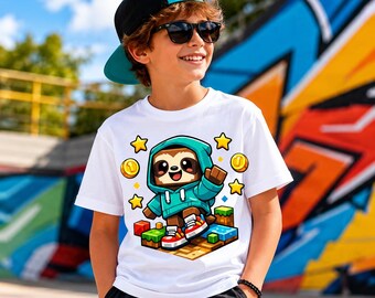 Joli jeu paresseux PNG, téléchargement numérique paresseux gamer, conception de T-shirt pour enfants, personnage de dessin animé de jeu, sublimation PNG, fichier JPEG