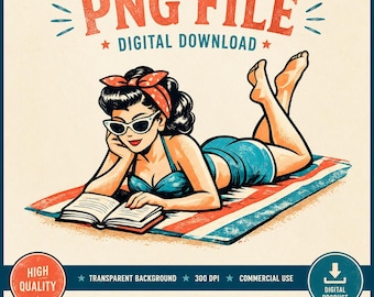 Lecture rétro fille PNG, amateur de livres été PNG, vintage plage lecteur Clipart, conception de t-shirt été livre fille, téléchargement par sublimation