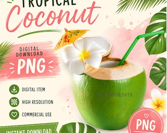 Noix de coco tropicale PNG Clipart | L'été PNG | Graphique esthétique de plage | Fond transparent | Téléchargement numérique | Utilisation commerciale