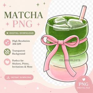 Könnte beinhalten: Digitale Matcha PNG-Datei. Das Bild zeigt ein geschichtetes Getränk mit grünen und rosa Farbtönen, Eiswürfeln und einem rosa Strohhalm. Eine rosa Schleife umschließt das Glas. Text enthält "Matcha PNG" und "Digitaler Download."