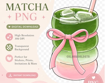 Boisson Matcha PNG, Clipart esthétique mignon, thé vert avec noeud rose, Sticker Kawaii, fond Transparent, téléchargement numérique