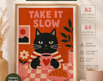 Affiche de chat Take It Slow à imprimer | Décoration murale de cuisine rétro mignonne | Illustration de chat esthétique et confortable | Décoration de style vintage | Téléchargement numérique