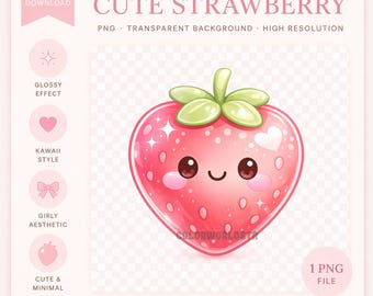 Fraise mignonne PNG, Clipart fraise kawaii, fruit brillant esthétique girly, téléchargement numérique rose pastel, conception d'autocollant coquette