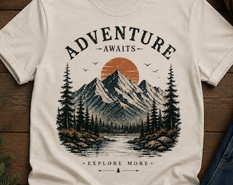 L'aventure vous attend en PNG | T-shirt vintage montagne | Sublimation de camping PNG | Nature en plein air imprimable