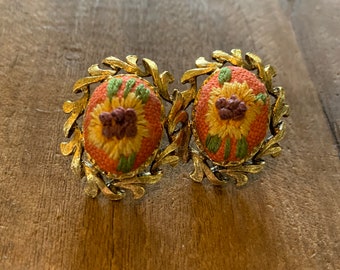Vintage Gold & Floral Embroidery Clip On Earrings