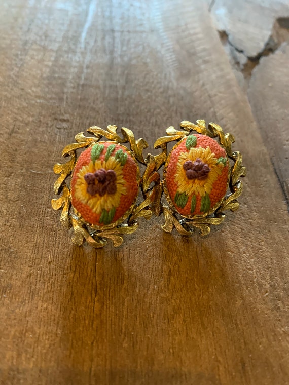 Vintage Gold & Floral Embroidery Clip On Earrings