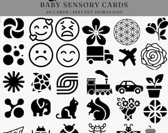 May include: A set of 40 black and white high contrast baby sensory cards. The cards feature simple shapes, patterns, and images, such as a flower, a truck, a turtle, and a bee.