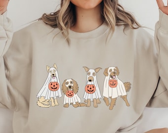 Sudadera de Halloween, sudadera de perros fantasma, perro de Halloween, cuello redondo de Halloween, camisas de otoño, suéter de calabaza, temporada espeluznante, regalo de amante de los perros