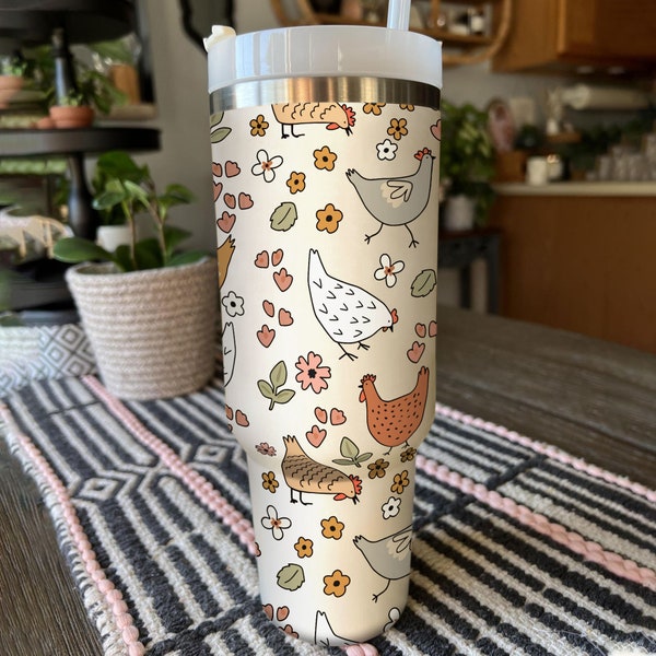 Flower Chicken Tumbler 40oz With Handle, Chicken Parttern 40oz Tumbler, Farm Animal Tumbler 40oz, Stainless Steel Tumbler, Insulated Tumbler