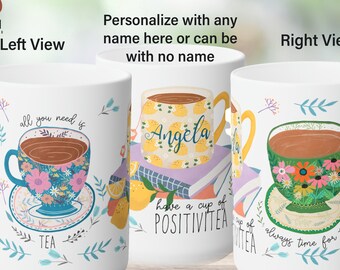 Personalized Tea Mug, Wraparound Floral Design, Tea Lover Gift