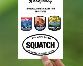 Bigfoot Sticker Sheet: SQUATCH National Parks, Waterproof Vinyl