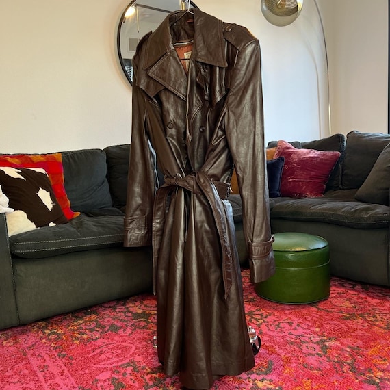 Vintage 1970s brown leather trench coat - image 5