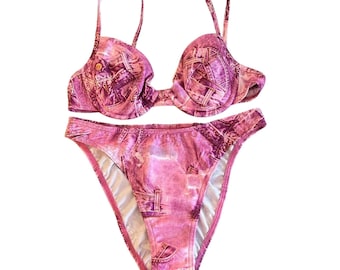 Bikini vintage de los 90, nuevo de stock, rosa con estampado vaquero.