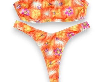 Bikini vintage anni '90 con perizoma floreale arancione, in saldo