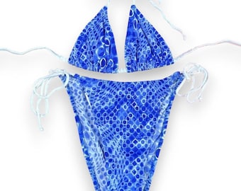 Bikini azul estampado circular vintage de los 90, nuevo de stock.