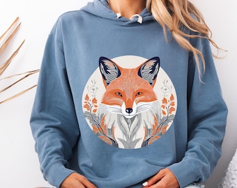 Fox Hoodie: Linocut Style Animal Print, US Cotton Sweatshirt