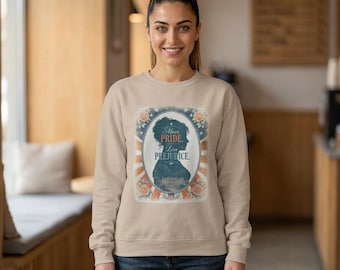 Bluza z nadrukiem "Duma i uprzedzenie" z kwiatowym cytatem | Literacka rama vintage