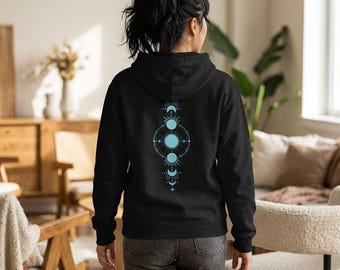 Sudadera con capucha y cremallera con fases lunares: Sudadera de astronomía Celestial Stargazer