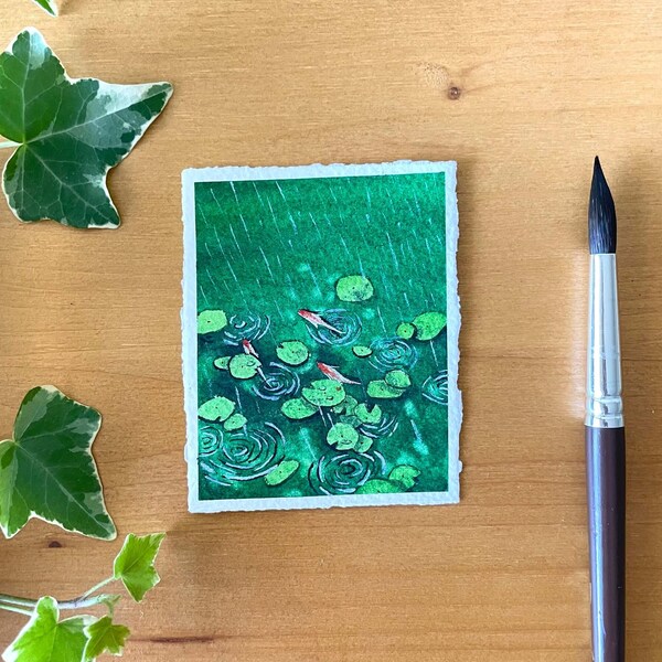 Original Mini Watercolor Painting - Asian Koi Carps Pond in the Rain - Home Decor, Unique Gift, Tiny Art, Ukiyo-e Painting