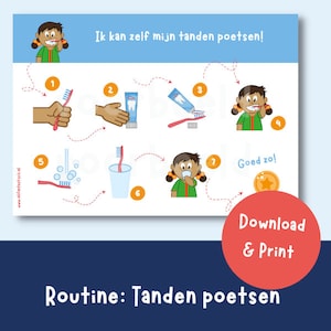 A4 printable met routine/stappenplan tanden poetsen | routinekaart | stappenplan download & print | tandenpoetsen meisje