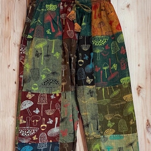Boho uniseks paddenstoel patchwork harembroek: stonewashed katoenen festivalbroek