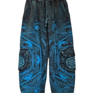 May include: Black and blue acid-wash cargo pants featuring a drawstring waist, elastic cuffs, and two large side pockets. The fabric is printed with intricate geometric patterns, including circular mandalas and star motifs in bright blue ink.