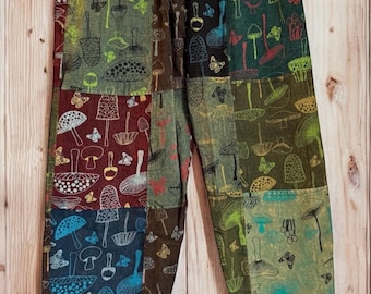 Boho Unisex Mushroom Patchwork Harem Pants: Stonewashed Cotton Festival Trousers