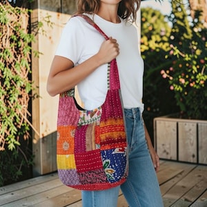 Handmade Quilted Floral Patchwork Kantha Bag: Slouchy Shoulder Bag