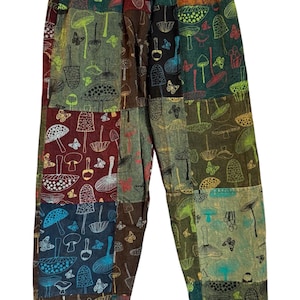 Bohemian Hippie Patchwork Multicolored Mushroom Harem Pants with Pockets Handmade in Nepal, Stonewashed Cotton Festival Pants, Unisex pants
