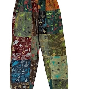 Bohemian Hippie Patchwork Multicolored Mushroom Harem Pants with Pockets Handmade in Nepal, Stonewashed Cotton Festival Pants, Unisex Pants