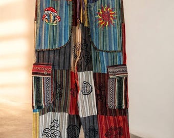 Handmade Embroidered Patchwork Pants : Cotton Hippie Celestial Mushroom Joggers
