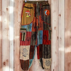 Handmade Embroidered Mushroom Celestial Patchwork Pants : Organic Cotton Hippie Festival Style Joggers