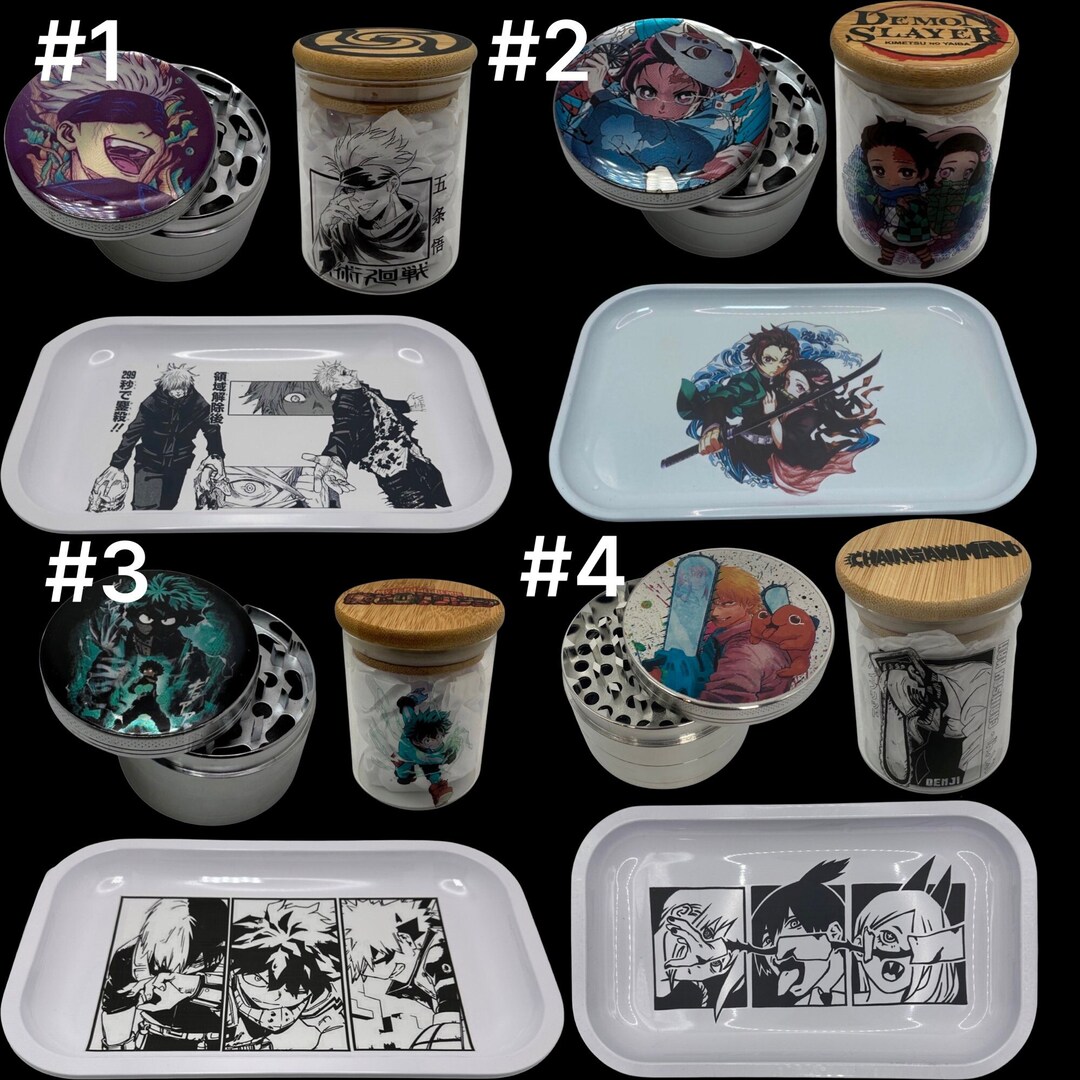 Anime Herb Grinder Set with Matching Stash Jars and Rolling Trays