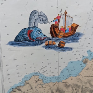 Aquarelle sur véritable carte marine du légendaire monstre marin Trolual (XVIe siècle)