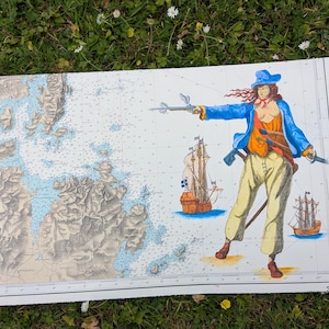 Magnifique aquarelle de la célèbre pirate Anne Bonny sur véritable carte marine