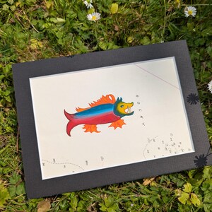 Miniature sur véritable carte marine d'un poisson fantastique issu d'une gravure du XVIe siècle.