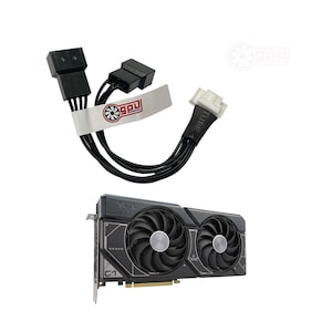 Puede incluir: Una tarjeta gráfica negra con dos ventiladores grandes y el texto "SPACE" impreso en el lateral. La tarjeta está conectada a un cable divisor de ventilador negro con un conector blanco etiquetado como "TUBE".