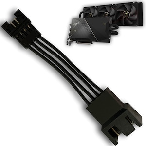 May include: A black cable with two connectors, one with four pins and the other with three pins. The cable is designed to connect a computer component to a power supply.