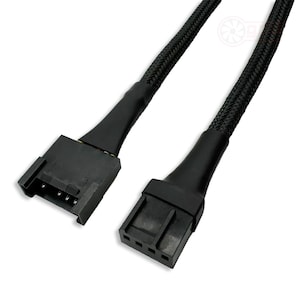 May include: Black braided cable with a 4-pin connector on one end and a 3-pin connector on the other end.