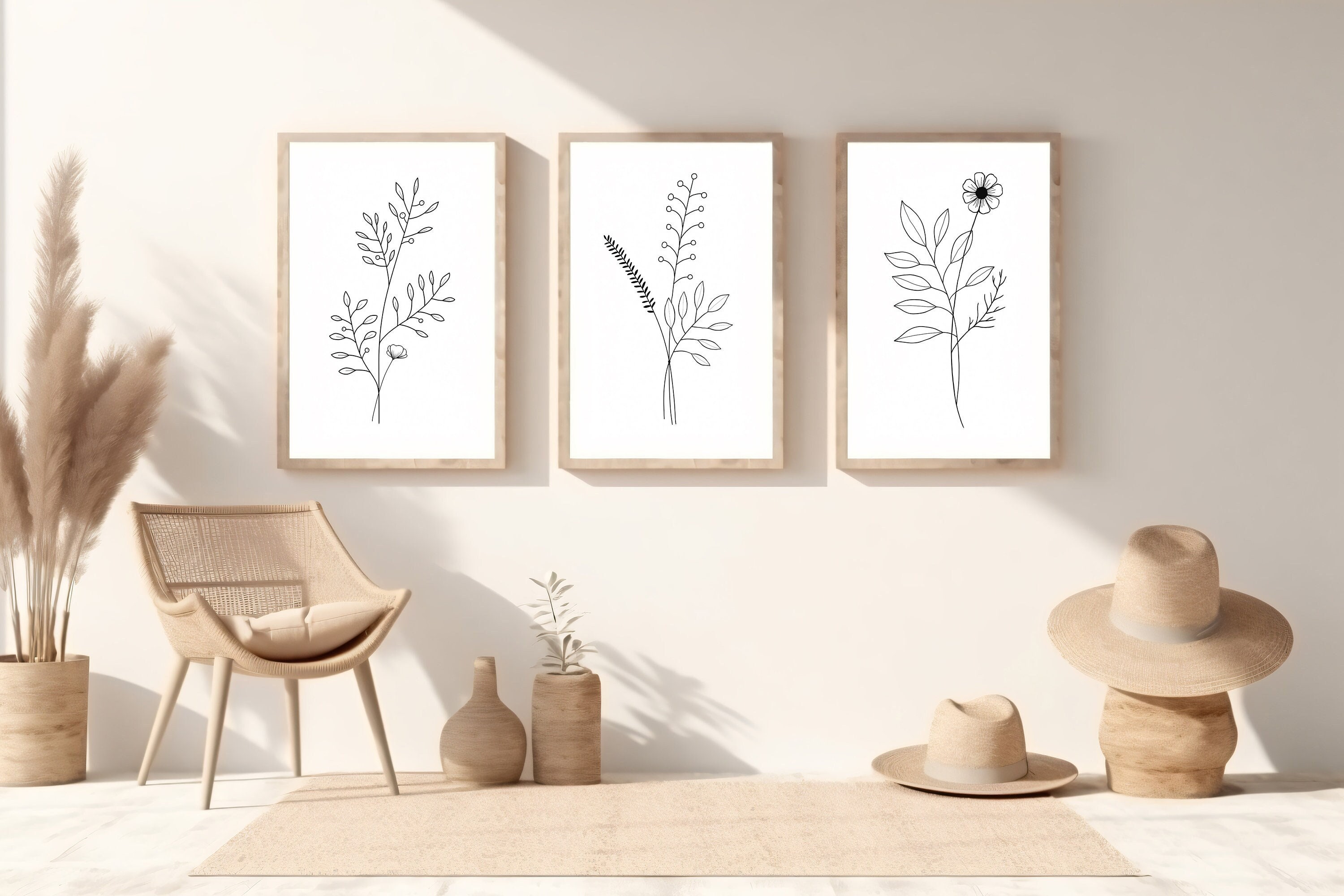 Set of 3 Minimalist Flower Line Art Prints Floral Boho Home Decor Black ...