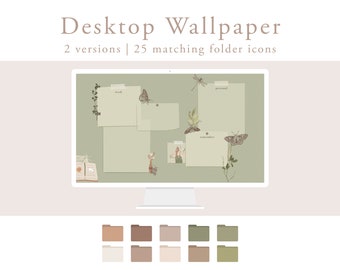 Botanical Organizer Wallpaper - Neutral Aesthetic Desktop Background - Green Botanical Flower Background - Nature Wallpaper