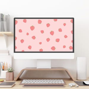 Pink Strawberry Wallpaper - Pastel Aesthetic Desktop Background - Cute Feminine Background - Widescreen - Instant Download