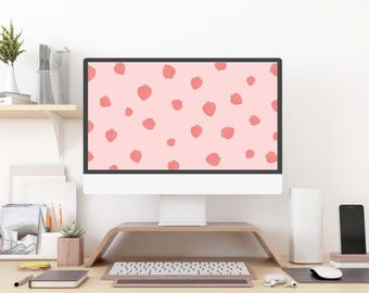 Pink Strawberry Wallpaper - Pastel Aesthetic Desktop Background - Cute Feminine Background - Widescreen - Instant Download