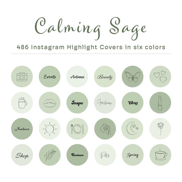 486 Sage Instagram Highlight Covers - Green Boho Line Art Icons - Minimalistic Insta Icons - Light Story Highlight Icons