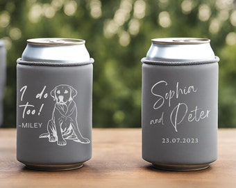 Wedding Can Cooler Custom Pet Illustration | I Do Too Custom Pet Beverage Holder | Cute Wedding Favors | Beer Cooler & Insulator