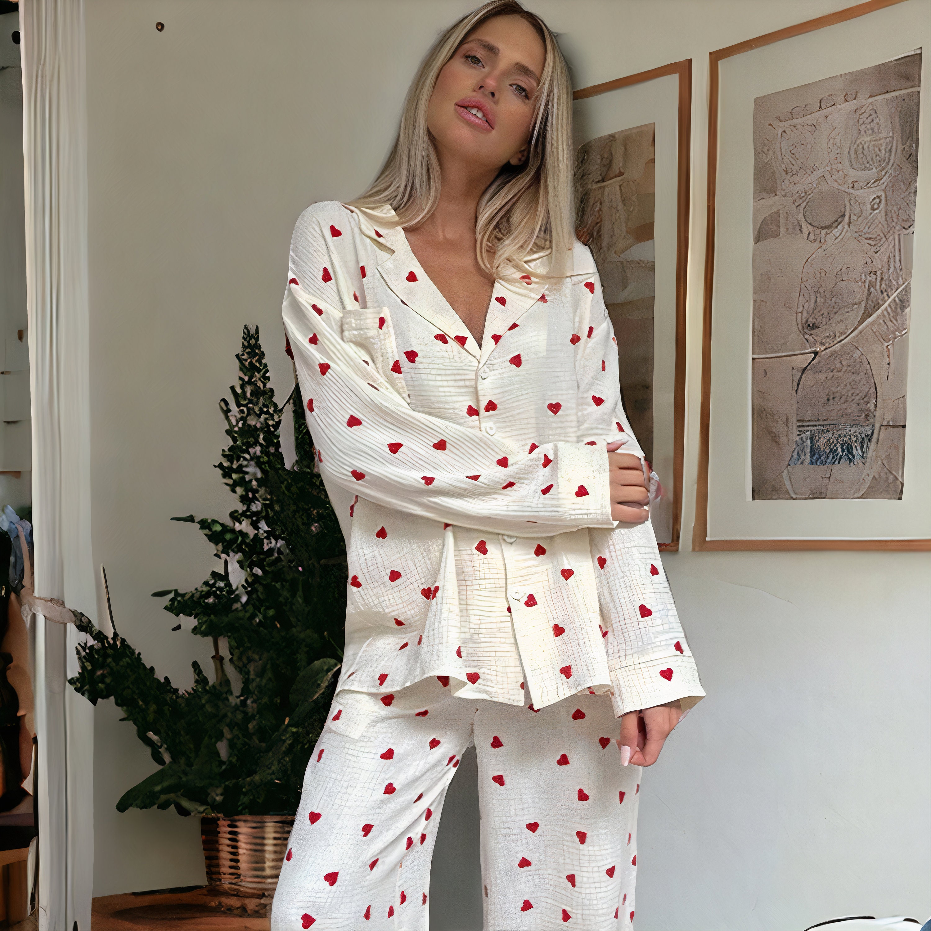 Cherry Print Pajama Set, Sweet & Cute Lapel Buttons Top And Bow Shorts,  Women's Sleepwear & Loungewear